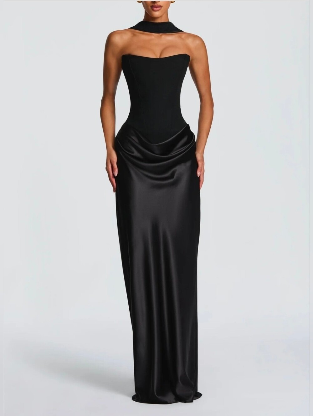 Maggie Maxi Black Silk Dress Size S Small Long Strappless Silky Curvy Braid Back